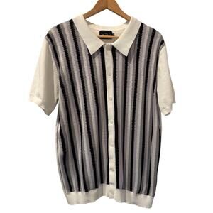 Mainfini Mens Polo Button Front Knit Shirt Size XL-Gray-Cream-Black-Short Sleeve